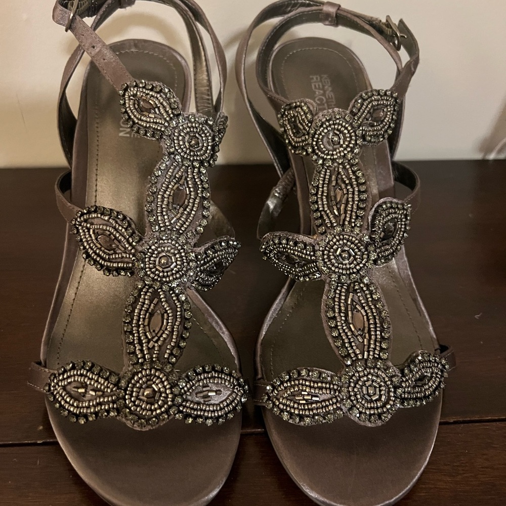 Kenneth Cole Reaction Pewter Jeweled Sandal Heels